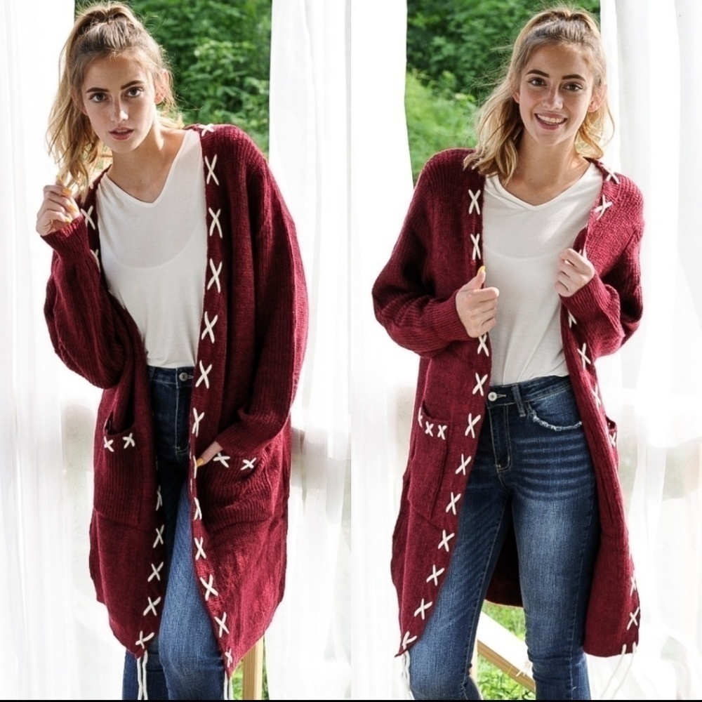 Reddish Burgundy Long Sleeve‎ Lace Up Cardigan